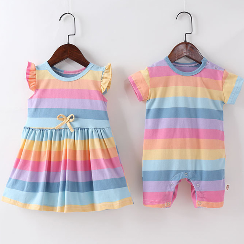 Little baby rainbow stripes jumpsuit baby robe children angel wings dress girls romper sisters