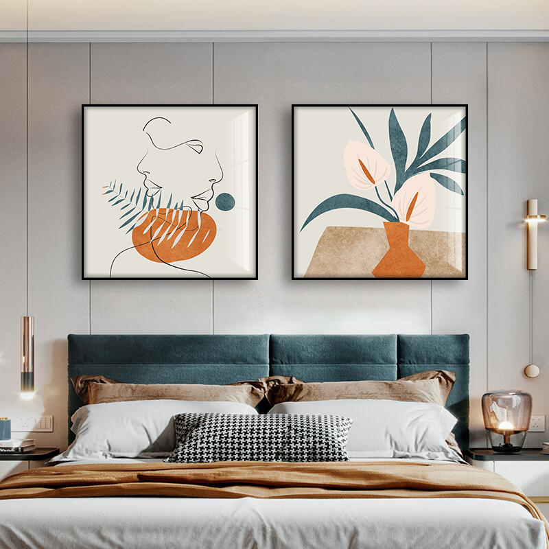 Orange Bedroom Decoration Painting Bedside Hanging Painting Postmodern Main Sleeper Room Background Wall Hanging Painting Modern Light Lavish Two Couplets