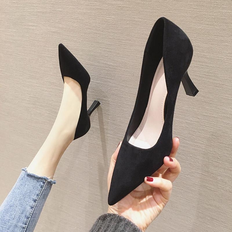 Brand Clearance Black Suede High Heels for Women 2022 Autumn New Style Stiletto Pointed Toe Sexy Mid-Heel Socialite Style