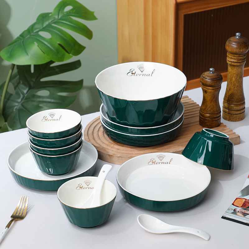 Household Rice Bowl, Plate, Soup Bowl, Tableware Set, Creative Green and Orange