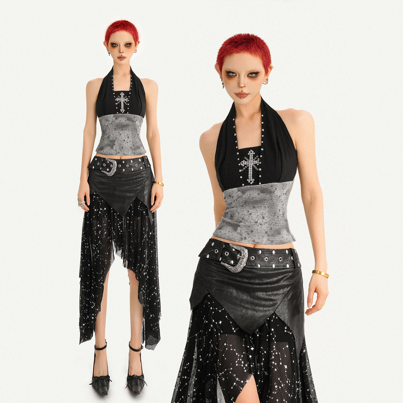 Milk Cool Molly Retro Distressed Patchwork Halter V-Neck Tank Top with Cross Rivets Slimming Short Top for Summer Milk Cool Molly Retro Distressed Patchwork Halter V-Neck Tank Top with Cross Rivets Slimming Short Top for Summer