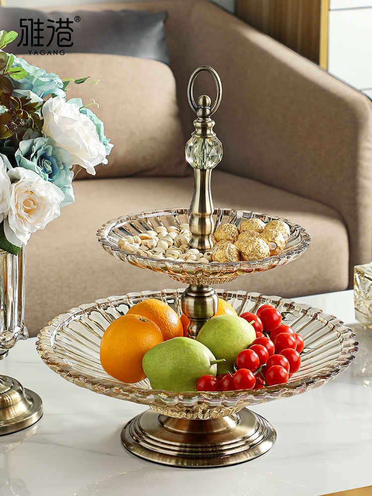 Fruit plate living room creative household coffee table Large double layer candy snack plate Simple modern glass fruit plate European style