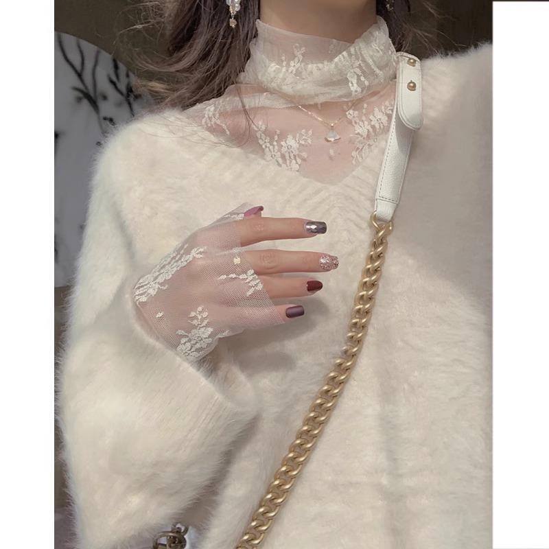 High-Neck Lace Base Shirt for Women, Stylish Sweater for Autumn and Winter, Slim-Fitting, Sexy, Hollow-Out, Transparent Mesh Top