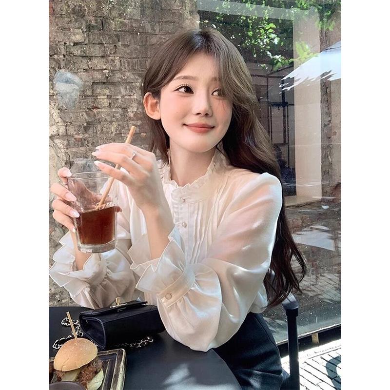 Кружевная рубашка с французским воротником-стойкой, женская осенне-зимняя рубашка с внутренней отделкой, шифоновая рубашка с длинными рукавами и деревянными ушками, кружевной топ