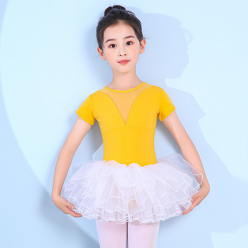 Children's dance clothes girls practice clothes children's Chinese dance clothes ballet skirt verification test clothes yellow cotton short-sleeved