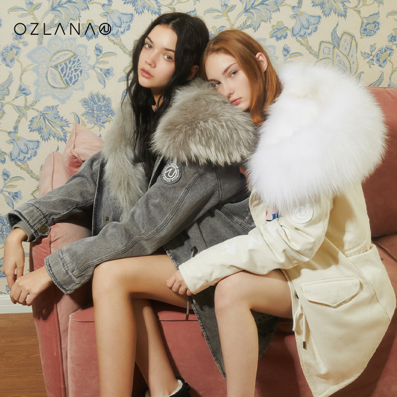OZLANA Pink Panther joint new fur coat raccoon fur mid-length party overcoat women's coat coat
