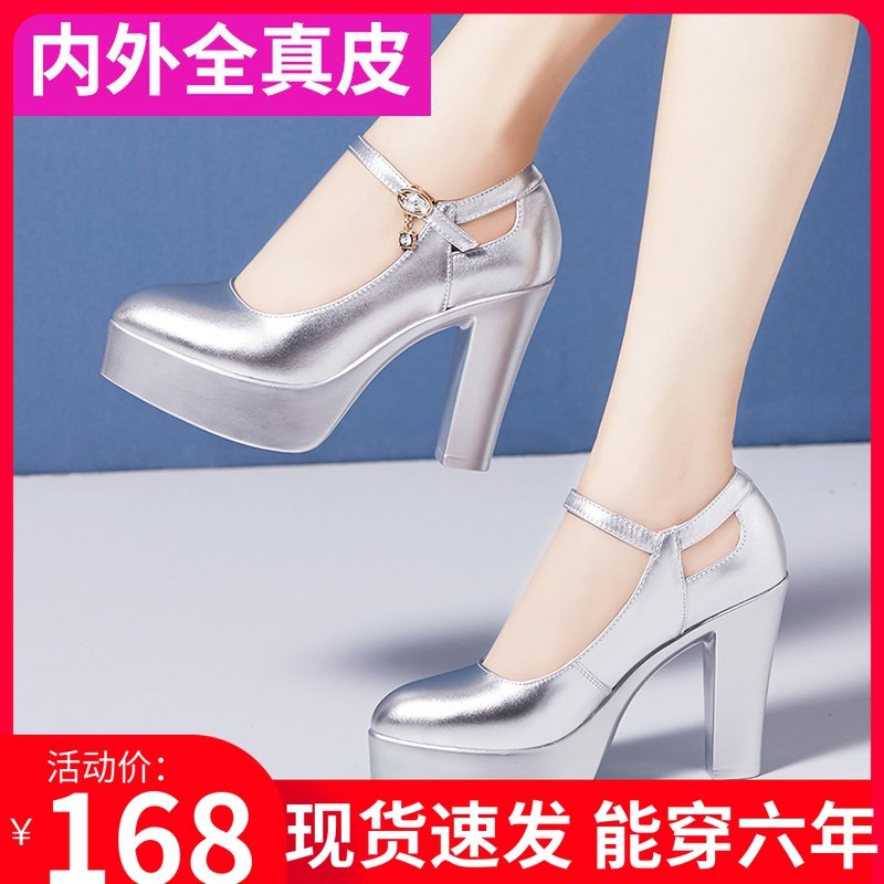 Leather model professional catwalk high-heeled shoes waterproof platform thick-heeled cheongsam performance stage bridesmaid wedding dress silver shoes women
