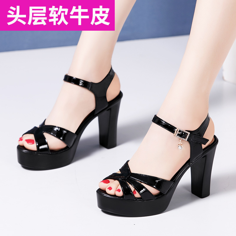 Genuine Leather Sandals for Women 2026 New Summer Patent Leather Versatile Waterproof Platform Chunky Heel Ultra High Heel Model Cheongsam Runway Sandals