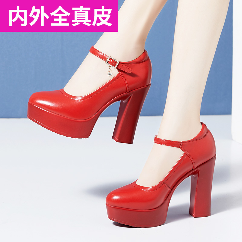 Red wedding shoes, soft cowhide, non-grinding cheongsam model catwalk shoes, high-heeled women's shoes, thick-heeled leather shoes