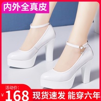 White Genuine Leather Pointed Size Code Model Walking Show High Heel Shoes Qipao Ttai Performance Waterproof Desk Coarse Heel Single Shoe Woman