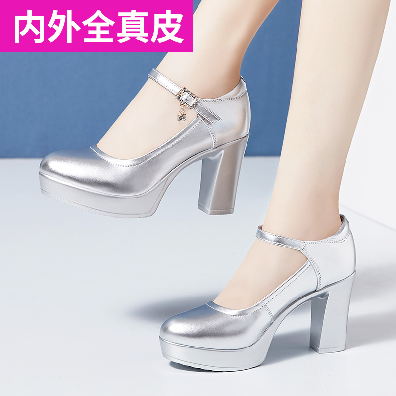 Silver waterproof platform high-heeled thick-soled cheongsam catwalk shoes round toe thick-heeled large size leather model training mother shoes women