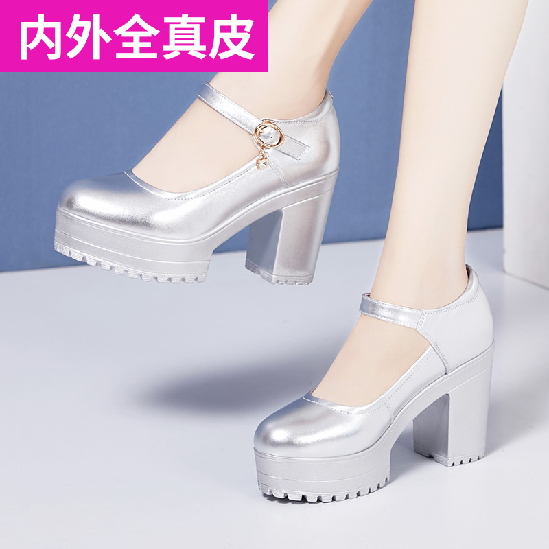 Silver Cheongsam Catwalk Model Shoes, Round Toe, Genuine Leather, Waterproof Platform, Chunky Heel, Platform Thick-Soled Women's Shoes, Comfortable High-Heeled Shoes