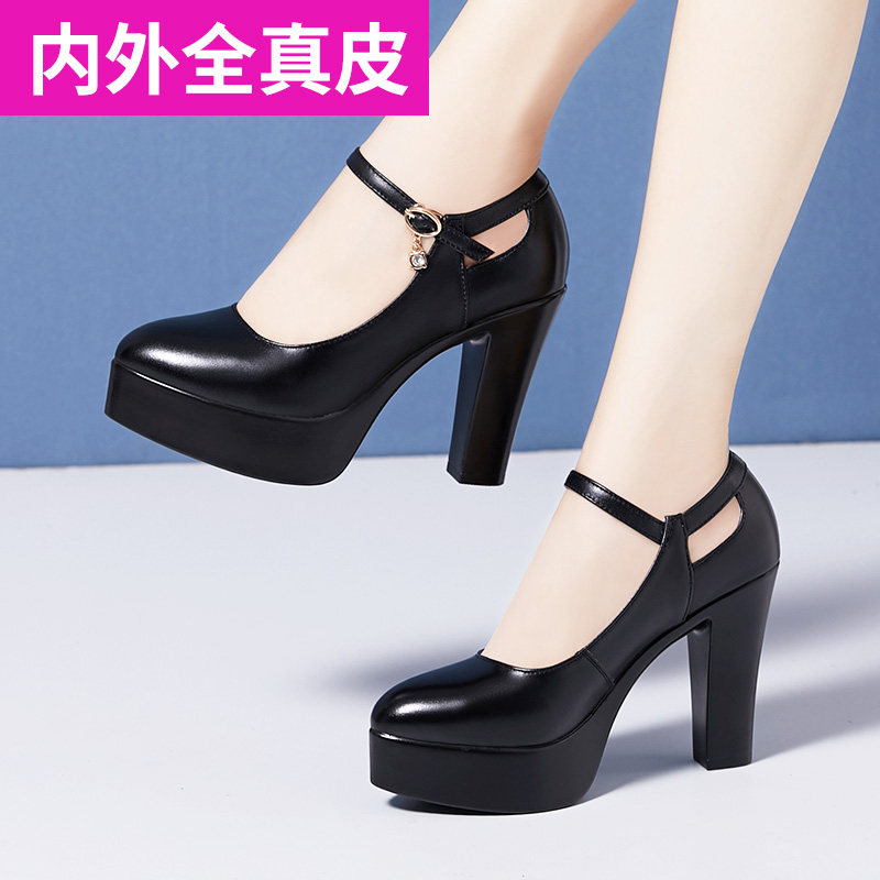 Real leather model training special high heel coarse heel waterproof bench Soft Bull Leather Qipao Walk Show Shoes tdesk performance single shoe woman