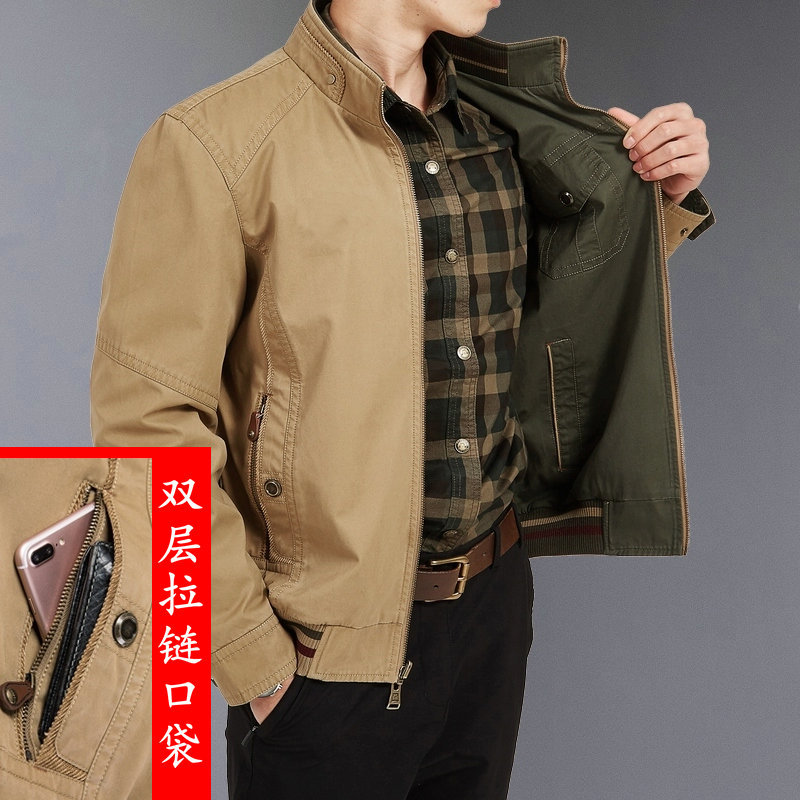 Spring and Autumn Double-Sided Jacket for Men, Middle-Aged, Pure Cotton, Loose Fit, Dad Style, Stand Collar, Reversible, Autumn and Winter Men's Casual Coat Spring and Autumn Double-Sided Jacket for Men, Middle-Aged, Pure Cotton, Loose Fit, Dad Style, Stand Collar, Reversible, Autumn and Winter Men's Casual Coat