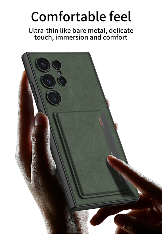 Business Synthetic Leather Card Holder Kickstand Wireless Charging Compatible S24, S24 Plus, S24 Ultra Samsung Phone Case