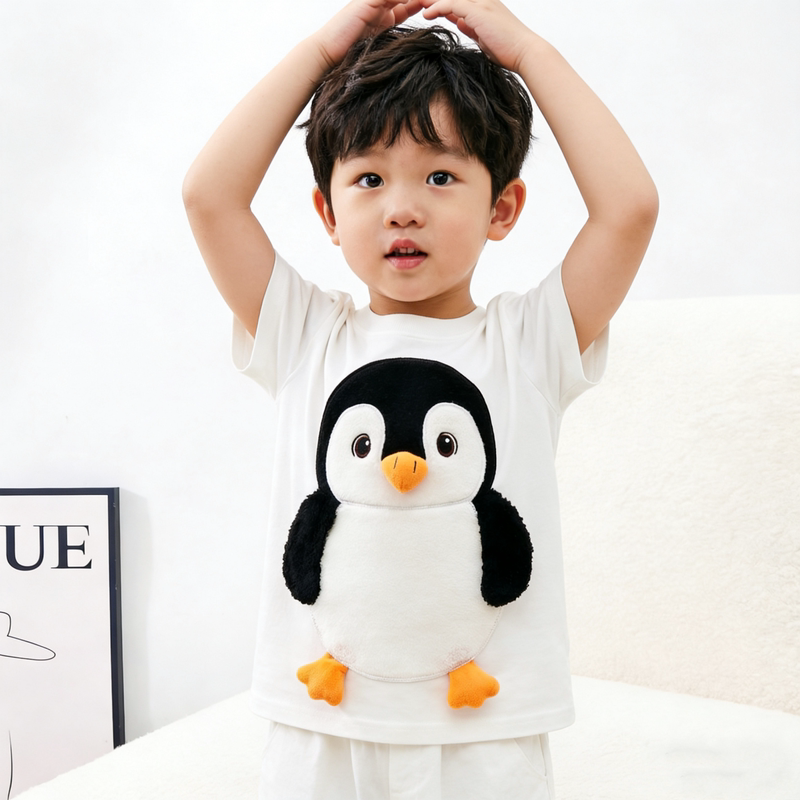 Baby Boy Short-Sleeved T-Shirt Pure Cotton Cute Animal Penguin Pattern Top Kidsren Boys and Girls Family Clothing Summer Clothing