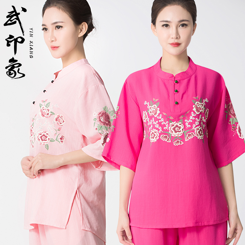 Tai Chi Suit Women Cotton Linen Short Sleeves Summer Printed with taijiquan Taijiquan Costume practice Middle Sleeve Martial Arts Performance Suit Breathable