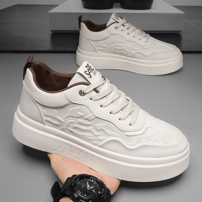 Men's White Sneakers for Spring and Summer, Breathable Thick-Soled Casual Sneakers, Versatile White Men's Height-Increasing Embossed High-End Shoes
