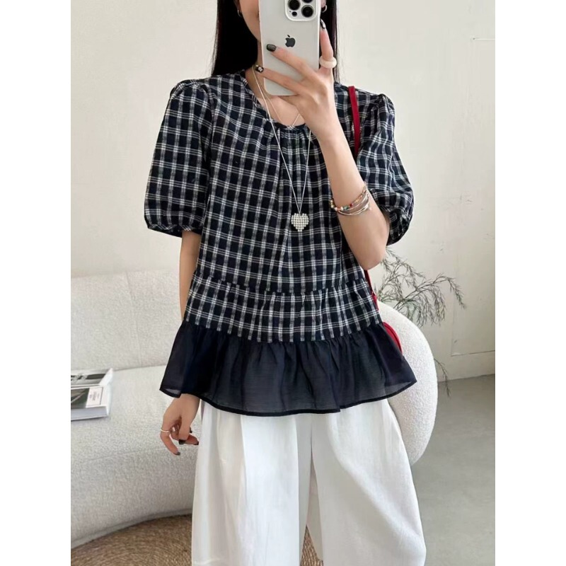 European-Style Loose-Fitting Slimming Short-Sleeve Plaid Tie-Up Doll Shirt for Women, New Summer Model with Back Bow, Stylish Trendy Top