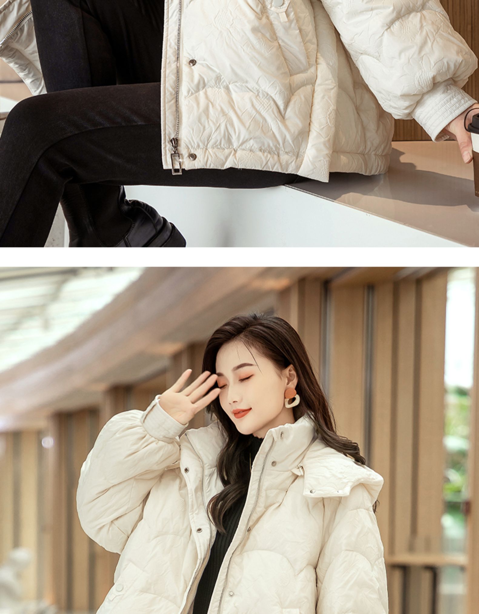 雅鹿 女士 时尚压花 短款面包服 90白鸭绒羽绒服 图11