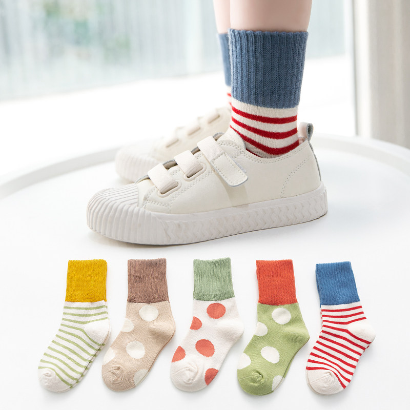 Striped polka dot Gao Luokou pure cotton children's socks in the big children 1 boys and girls 3 children in the tube socks 5 autumn and winter 7-9 years old