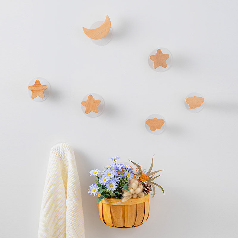 Nordic Solid Wood Stars Hook Hyun Off Key Hung Door Rear Bathroom Fridge Stick Wall-mounted clothing cap No mark stickup hook-Taobao