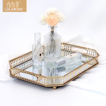 北欧风镜面玻璃盘子金属铁艺收纳托盘家用样品房酒店轻奢装饰摆设