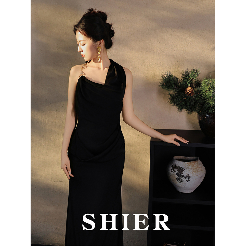 Shier (Twelve) Light Luxury Elegant Halter Neck Sleeveless Black Long Dress Women's Banquet Dress Bridal Toast Dress
