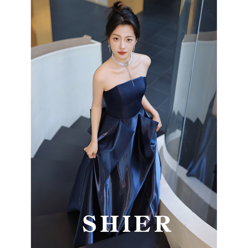 拾贰Shier Blue Strapless Evening Dress for Women, Sleeveless, Mid-Length, High-End Luxury Banquet Host Toast Dress