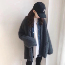 MENTMAR Mahai Fur Cardiovert Sweater Woman Autumn winter Lazy Loose outside wearing medium long Pure Color Knit Jacket