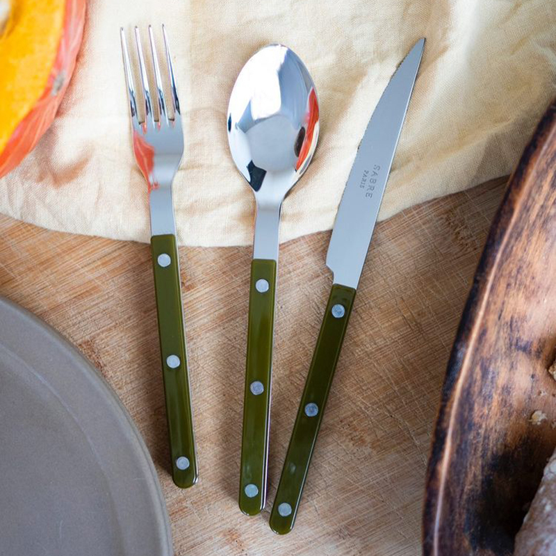 French Saber Paris Bistro Green Stainless Steel Knife, Fork, Coffee Spoon, Cake Fork Cutlery Set ins French Saber Paris Bistro Green Stainless Steel Knife, Fork, Coffee Spoon, Cake Fork Cutlery Set ins