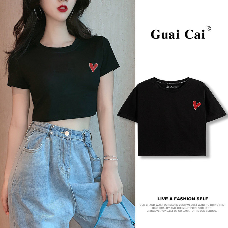 Japanese ins trendy brand high waist thin short t-shirt women's pure cotton half-sleeved 2022 summer new belly button top women