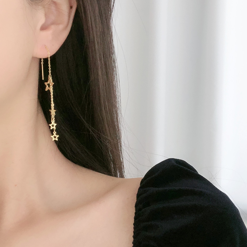 hooku long version stars flow suearrings female titanium steel 18K gold display face slim ear necklace 2022 new meteor shower earrings