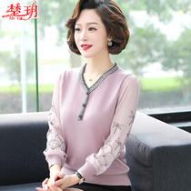2022 new middle aged mother autumn clothes foreign air blouse for elderly woman thin undershirt spring and autumn long sleeve t-shirt