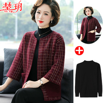 2020 new middle aged mother autumn clothes foreign jacket in old age womens spring and autumn short checkered blouse jacket