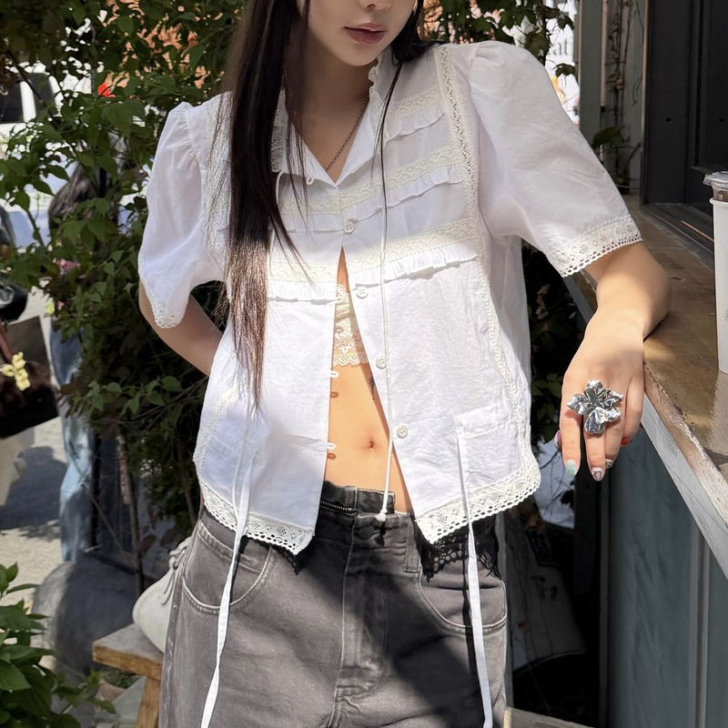 Korean Direct Mail Niche Designer Brand 26Ss Lace Trim Drawstring Adjustable Short-Sleeve Shirt