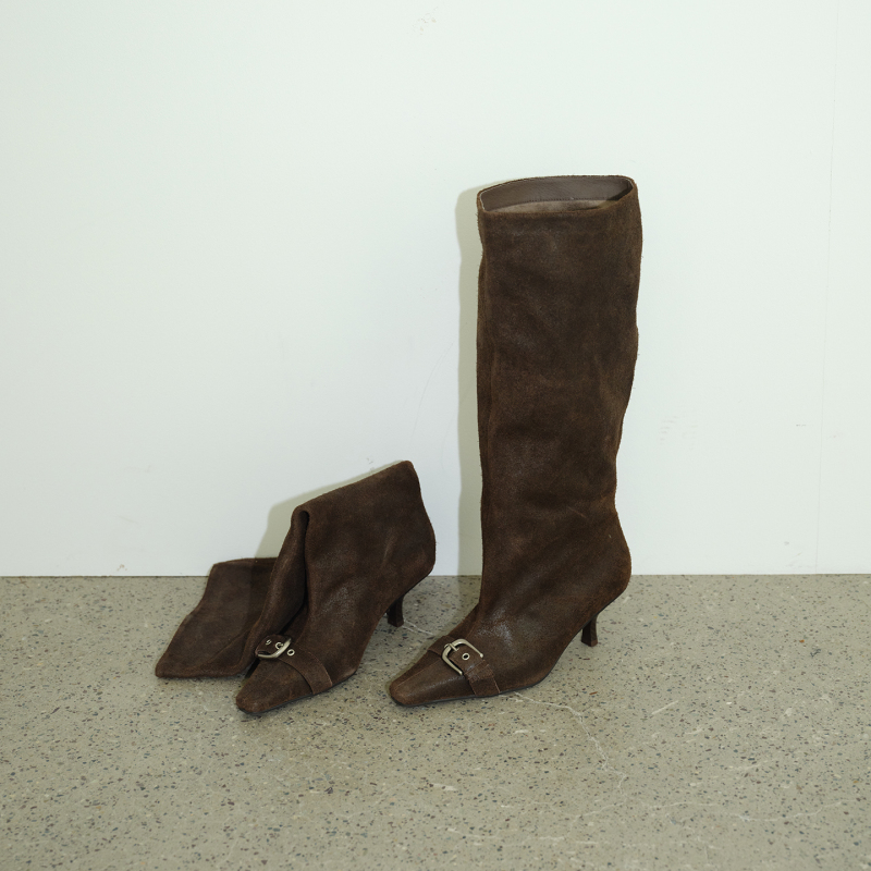 Maltelle Original Design Handmade Pointed Toe Long Boots for Women, Brown Cowhide Vintage Belt Buckle Pleated Slouch Boots for Women Maltelle Original Design Handmade Pointed Toe Long Boots for Women, Brown Cowhide Vintage Belt Buckle Pleated Slouch Boots for Women