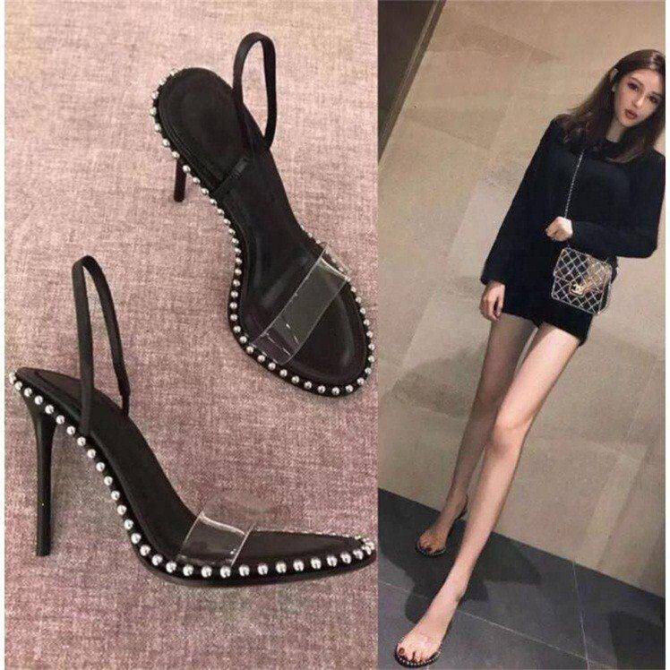 European heels women's beaded rhinestone sandals 2019 summer stiletto fish mouth through word buckle sexy shoes