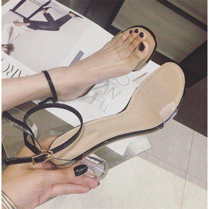 2019 summer new style see-through buckle strap thick heel open-toed sandals women's round heel air-heeled shoes