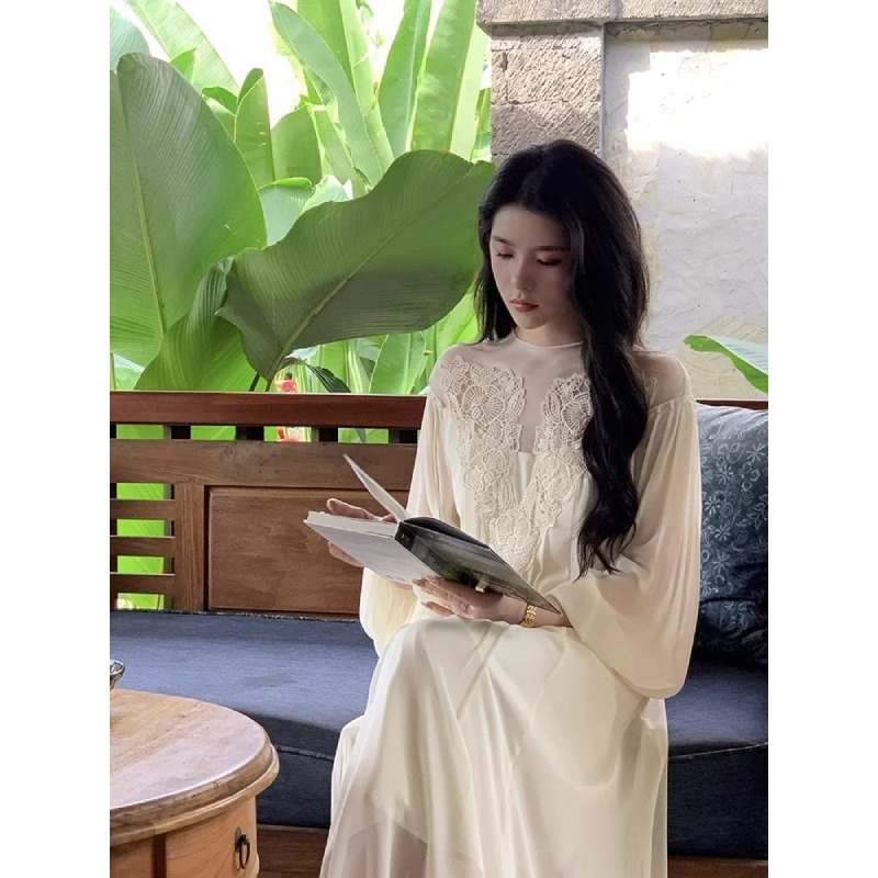 Plus Size Women's French Lace Mesh Embroidered Dress, Elegant Retro Loose Lazy Lantern Sleeve Holiday Long Dress