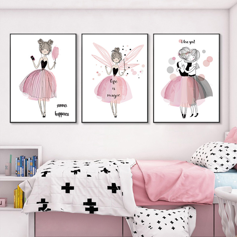 Children's room decoration painting light luxury cartoon boy bedroom bedside painting pink girl wall painting girl heart mural - Taobao