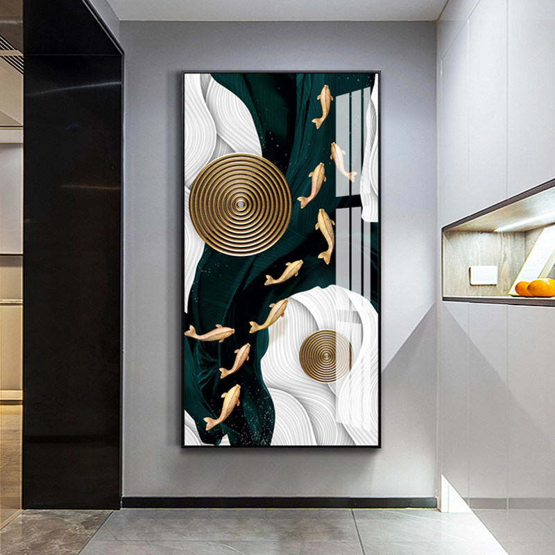 Light luxury porch decorative painting into the home to attract wealth Fengshui entrance corridor aisle mural modern minimalist vertical version of nine fish map
