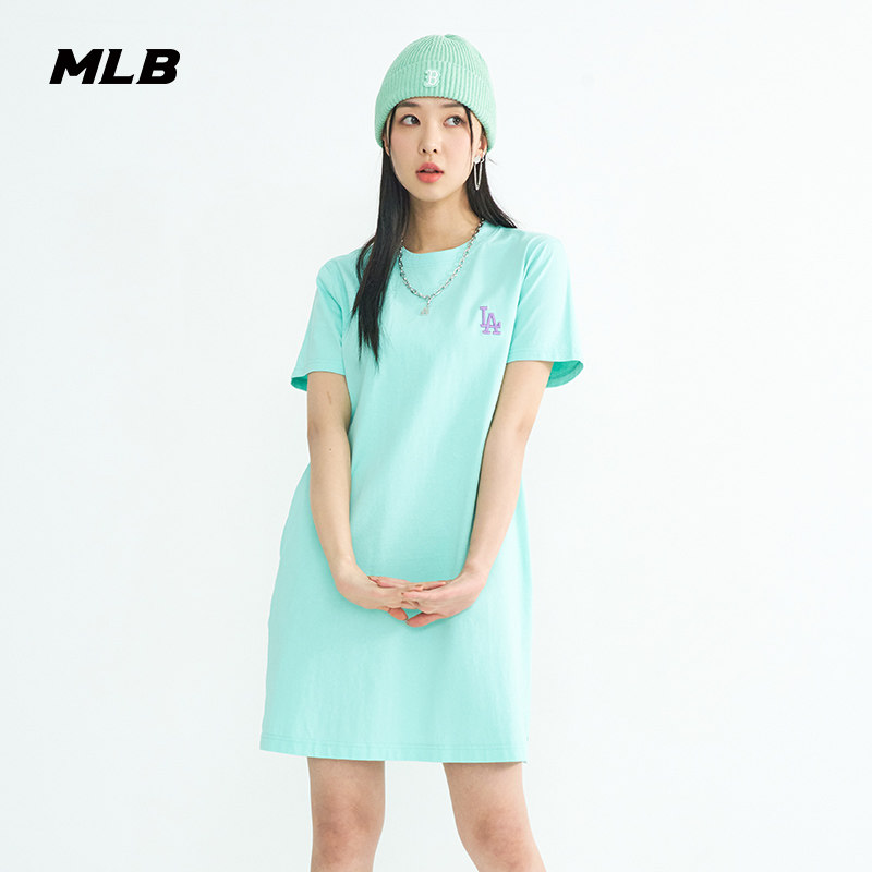 MLB Official Women's short sleeves Dress Classic Pure Color T-shirt Dress Fashion Casual Round Collar Summer OPEC1-Taobao