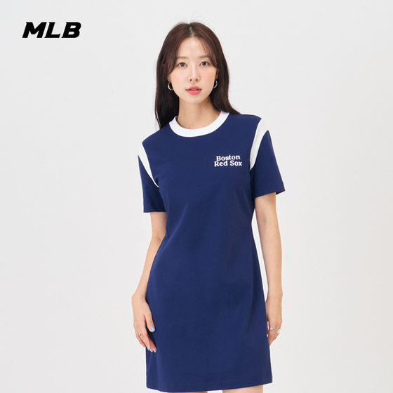 MLB 공식 여자 대학 스타일 대비 컬러 스플 라이스 드레스 라운드 넥 슬림 스커트 24 여름 신작 OPV02