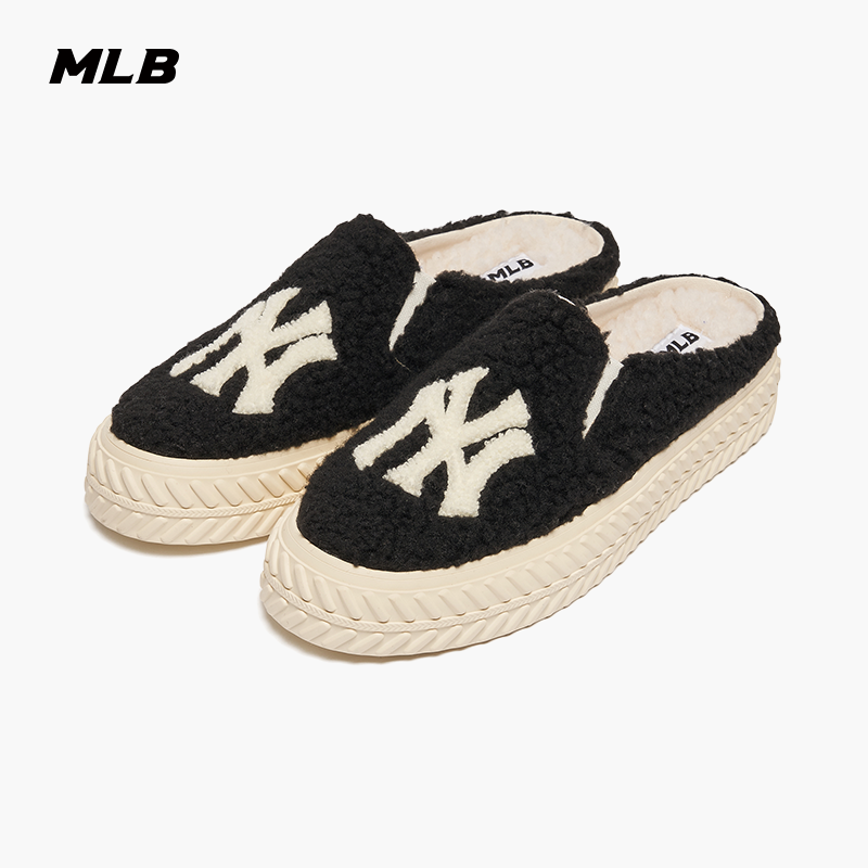 MLB official male and female imitation lamb suede lovers plush semi-tug fashion casual black and white shoes winter MUUD2-Taobao