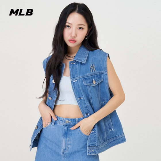 MLB 공식 남녀 커플 뒷면에 빅 로고 데님 코튼 조끼 조끼 재킷 24 여름 신작 VTB01