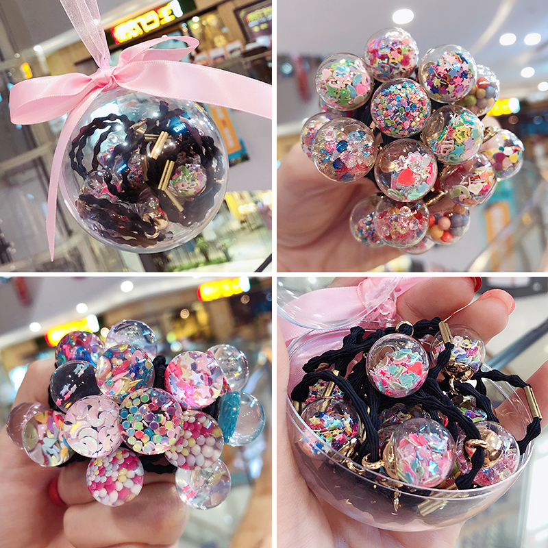 Senmi Rabbit boxed rubber band hair rope Korean net red black glass ball all-match girls and children hair ring ponytail headdress