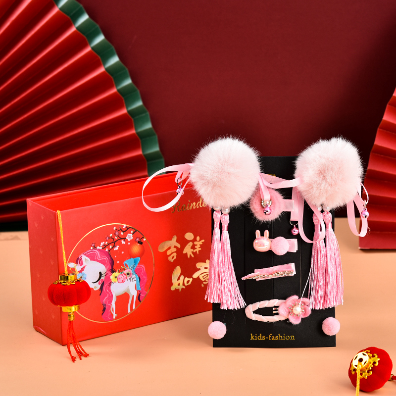 Headdress female baby hair clip New Year's greetings baby New Year festive hair card girl hair ball tassel hair clip children's hair accessories