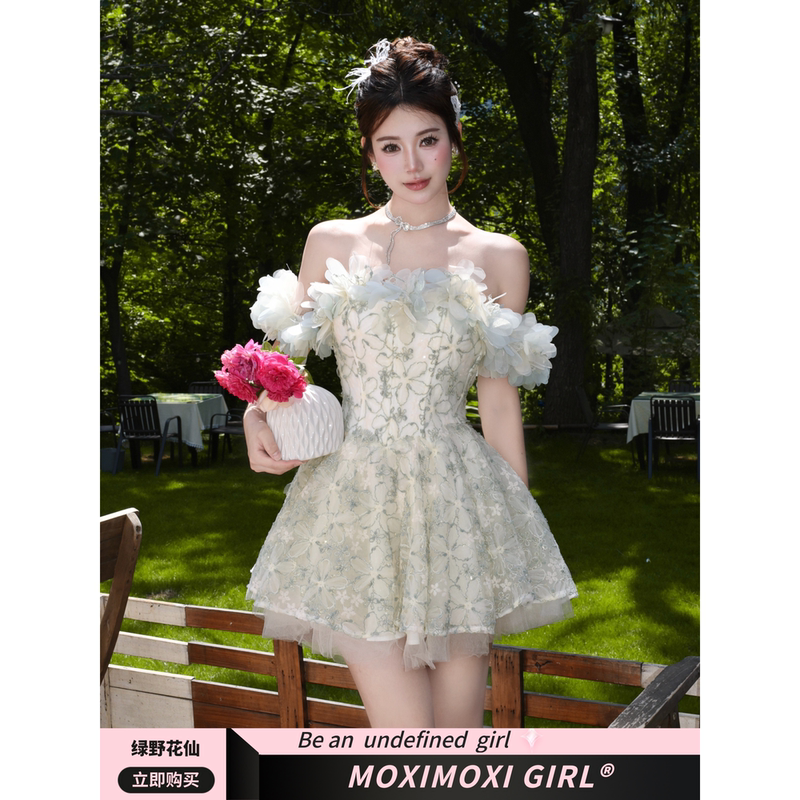 Now Moxi French Romantic Three-Dimensional Floral Strapless Puffy Dress for Women, Summer Lawn Wedding, Birthday Party, Engagement Morning Gown Now Moxi French Romantic Three-Dimensional Floral Strapless Puffy Dress for Women, Summer Lawn Wedding, Birthday Party, Engagement Morning Gown