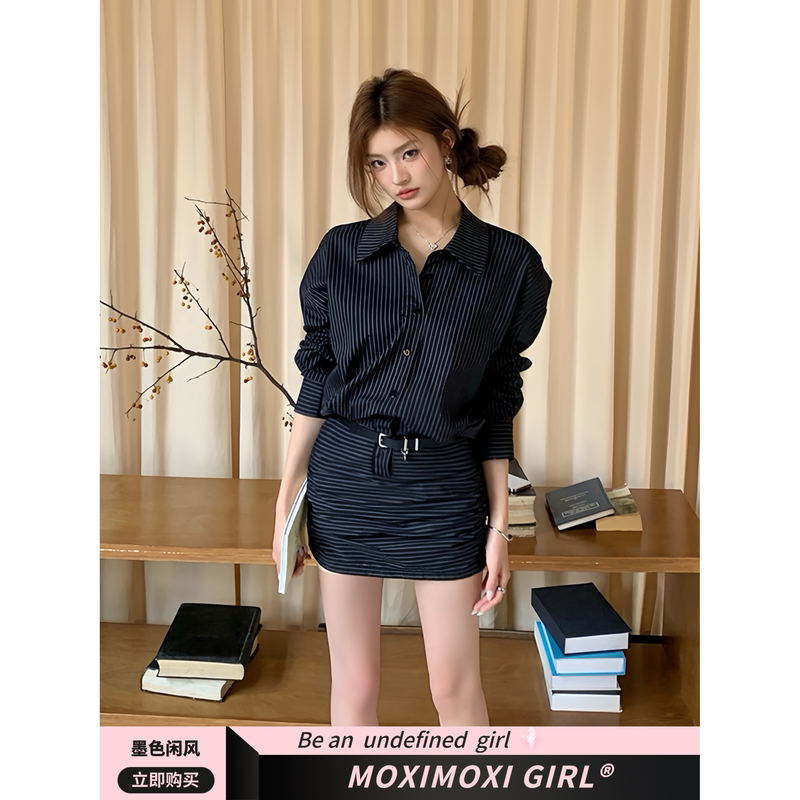 Now Moxi Korean Style Pure Desire Black Striped Shirt Dress for Women with Waist-Cinching Belt and Hip-Hugging Short Skirt Now Moxi Korean Style Pure Desire Black Striped Shirt Dress for Women with Waist-Cinching Belt and Hip-Hugging Short Skirt
